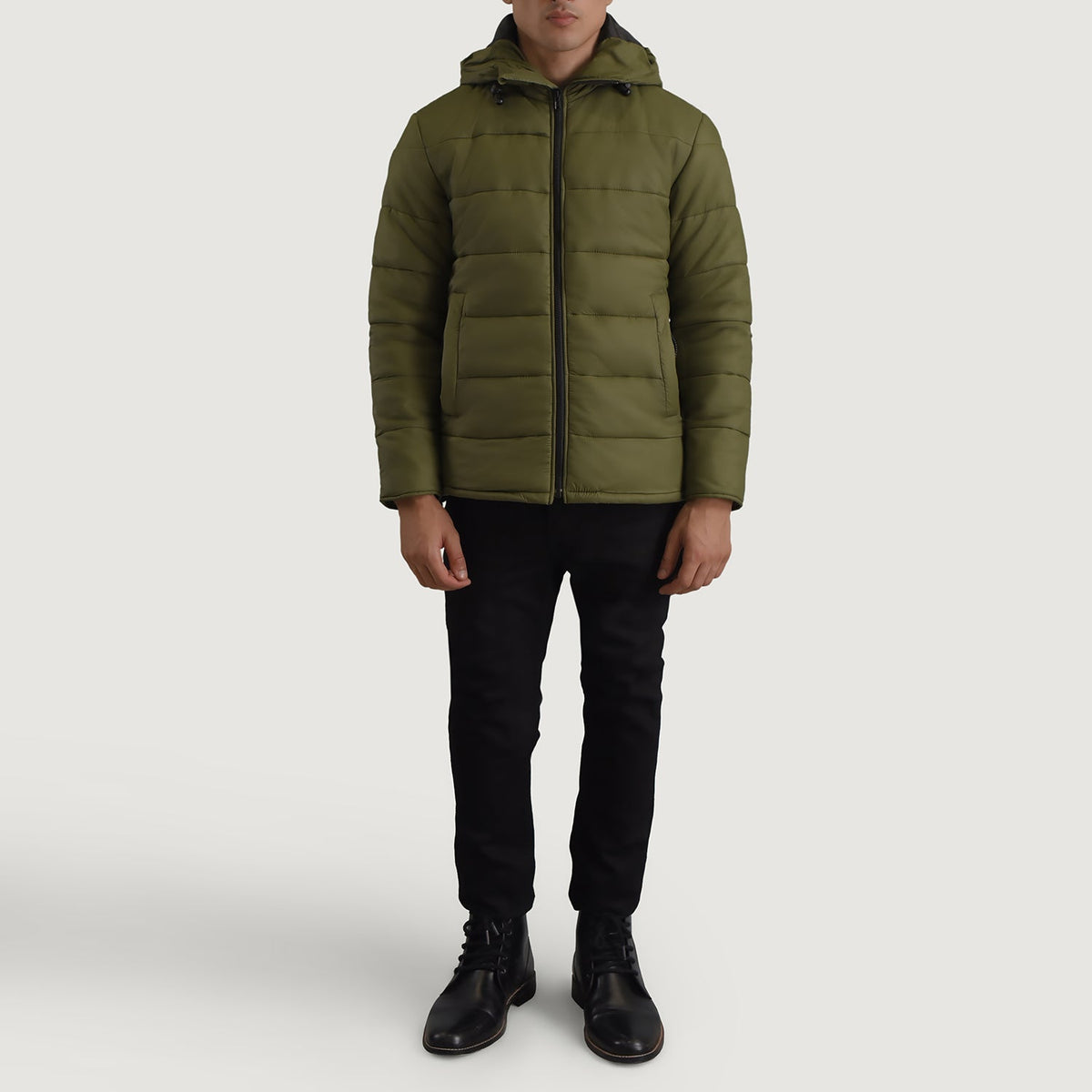
Erico Grænn Hooded Puffer Leðurjakki fyrir Karla - Hliðarsýn með vinnuvistfræðilegu ermasniði