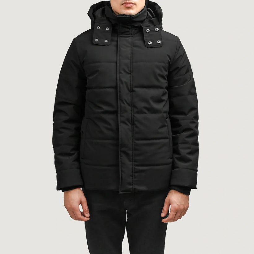 Exton Svartur Hooded Down Puffer Leðurjakki fyrir karla