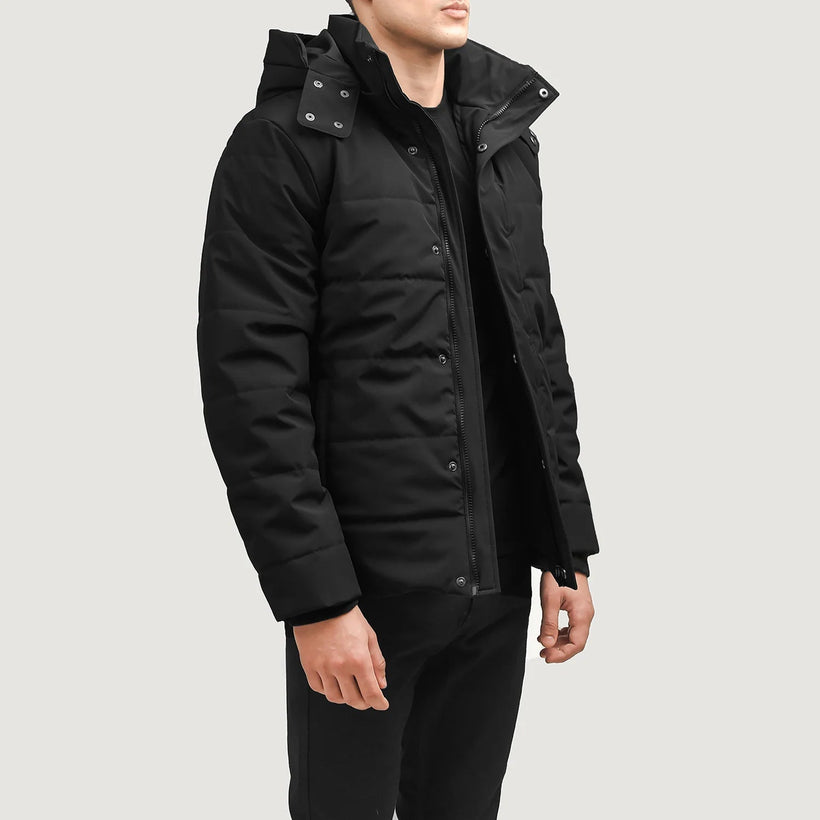 Exton Svartur Hooded Down Puffer Leðurjakki fyrir karla