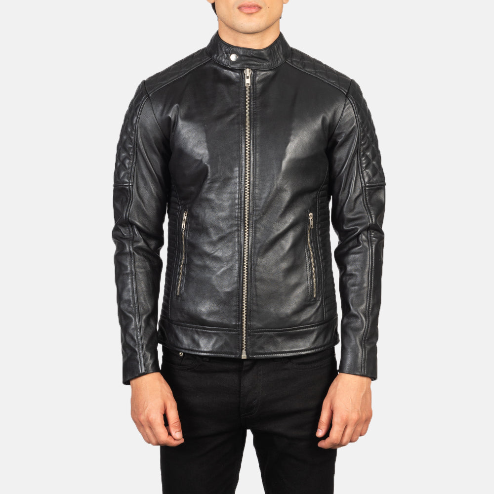 Close-Up Detail of Band Collar &amp; Zipper Hardware on Men's Fernando Quilted Brown Suede Biker Jacket