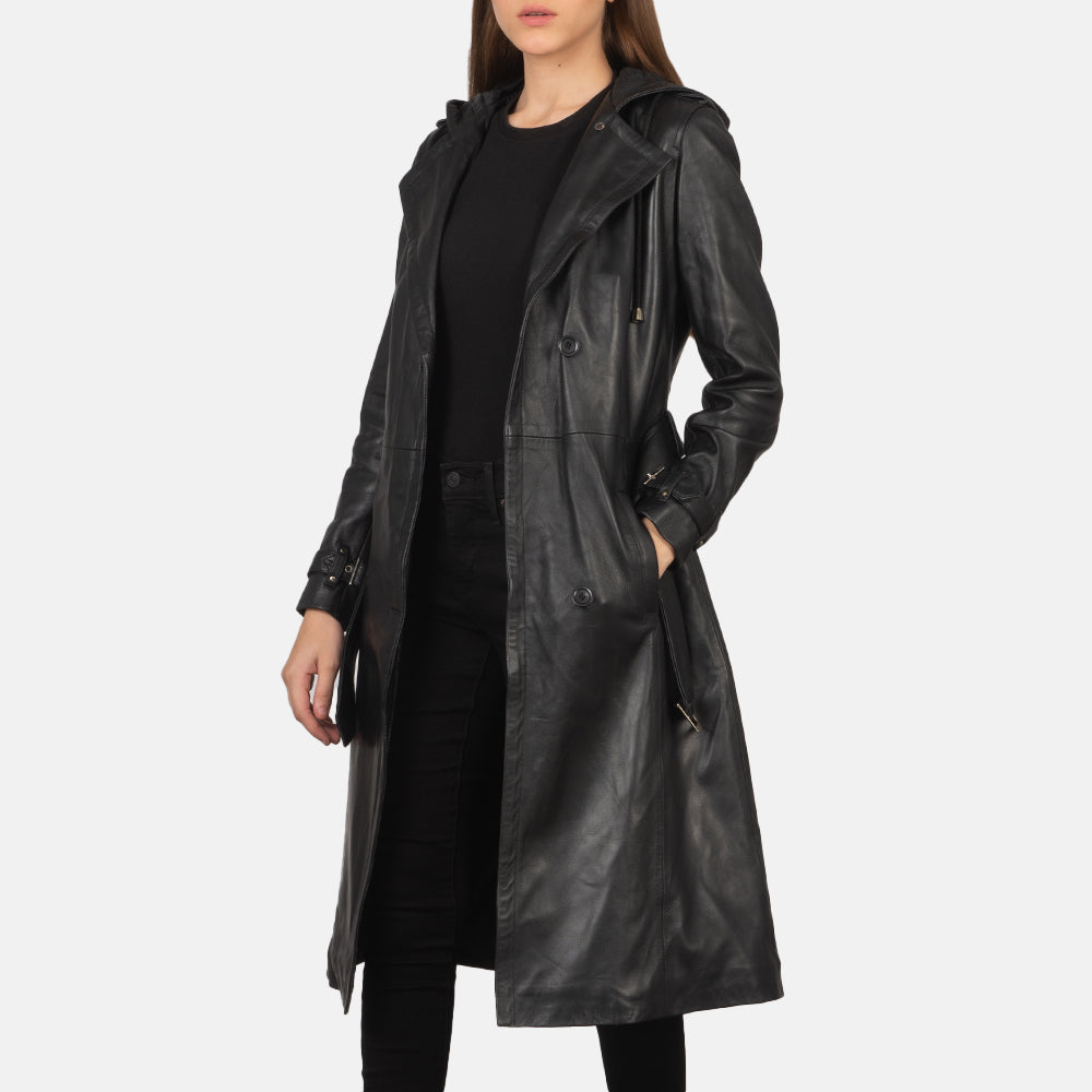 
Fixon Hooded Svartur Leðurfrakki fyrir Konur in Black Sheepskin Leather - Að framan með sniðinni hönnun | Kaupa á netinu