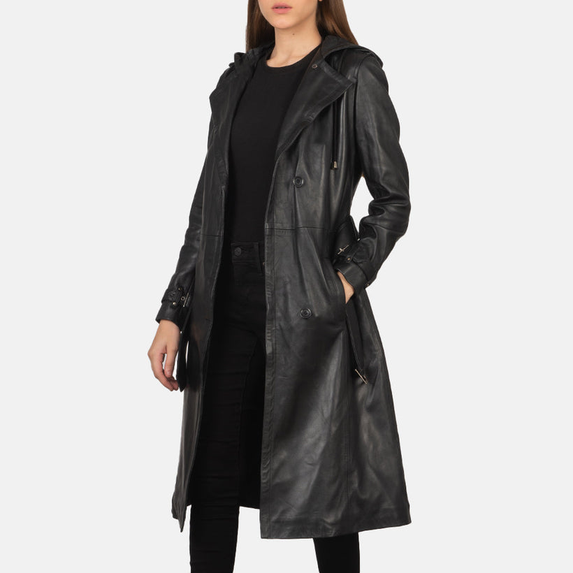 Fixon Hooded Svartur Trench Coat fyrir konur