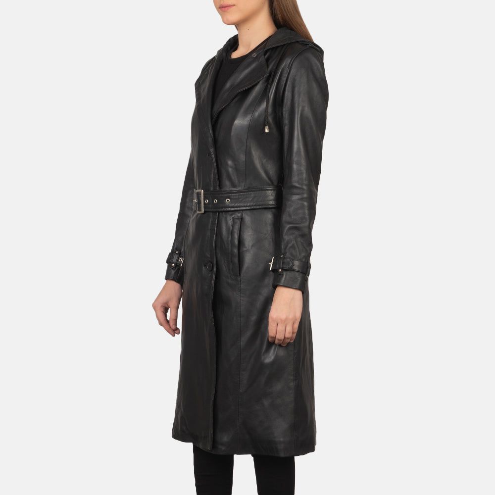 Close-Up Detail of Hooded & Button + Belt Hardware on Women's Fixon Hooded Black Trench Coat