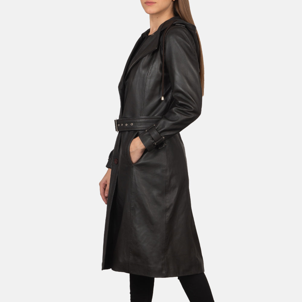 Brown Sheepskin Leather Trench Coat - Að aftan með nákvæmri axlasniði og hreinum fald