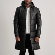 
Floyd Tan Hooded Leather Puffer Coat in Tan Brown Sheepskin Leather - Að framan með sniðinni hönnun | Kaupa á netinu