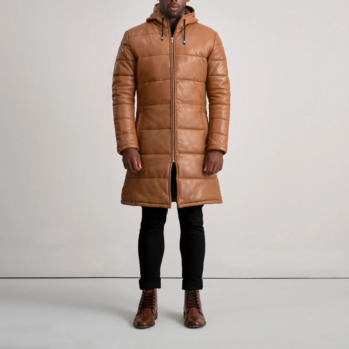 
Floyd Leðursíðkápa Ljósbrúnn Puffer Leðurjakki fyrir Karla – alternate product view 3