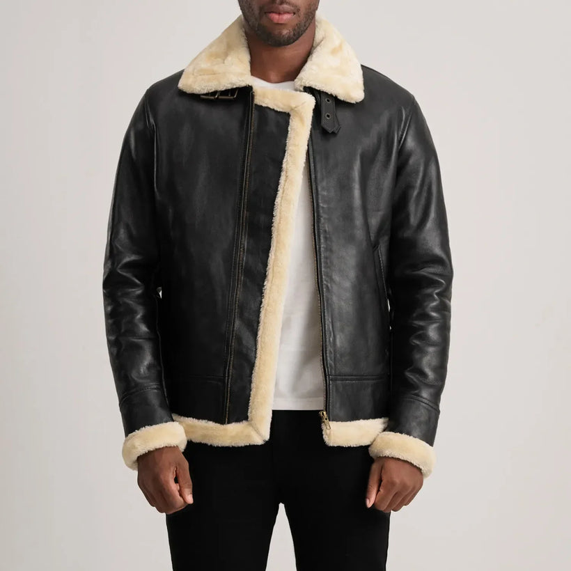 Francis B-3 Svartur Bomber jakki úr leðri fyrir karla