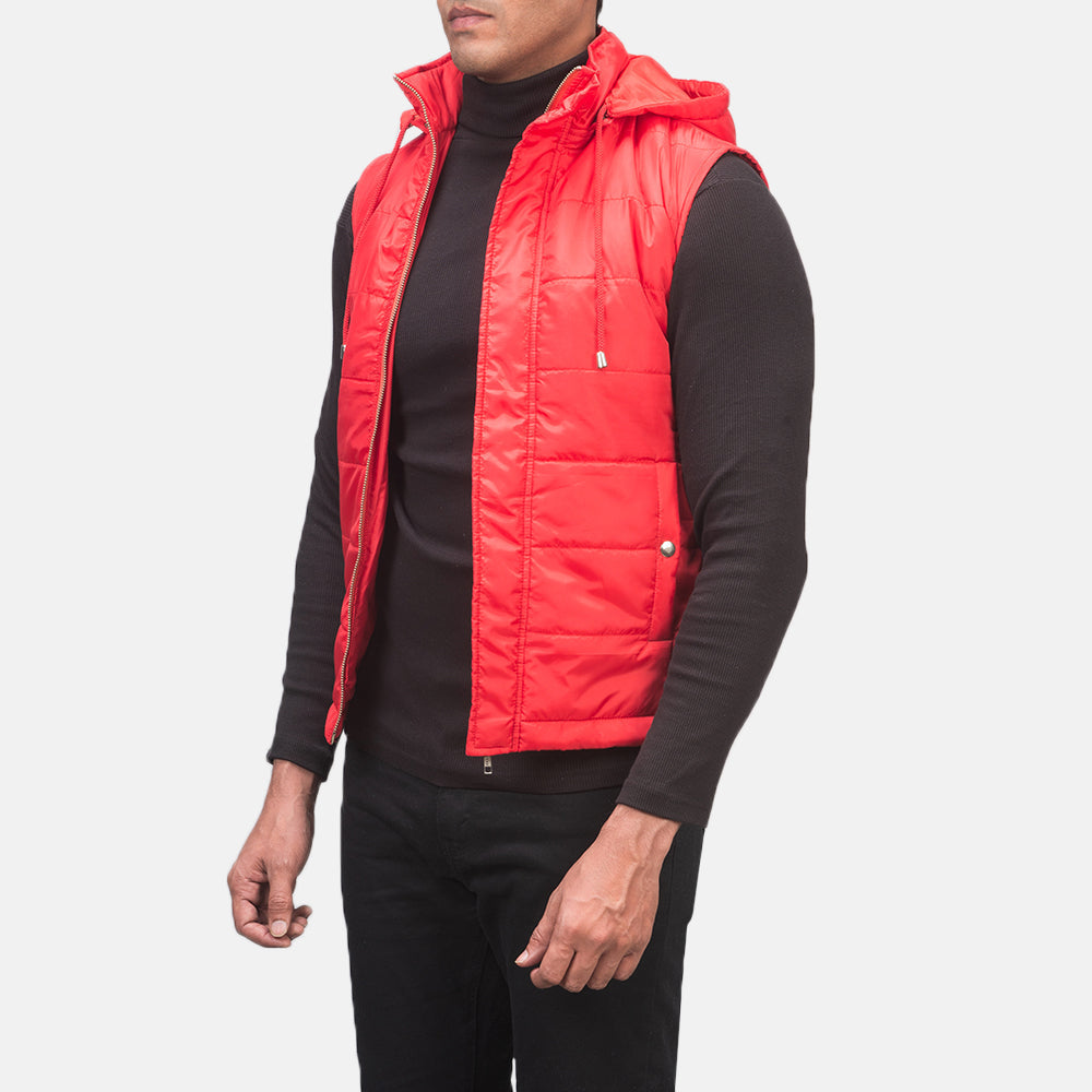 
Red Nylon Leather Vest - Að aftan með nákvæmri axlasniði og hreinum fald
