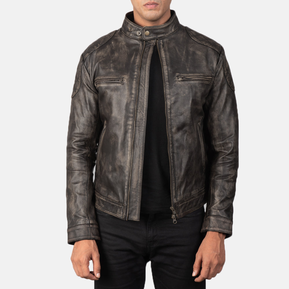 
Gatsby Quilted Distressed Brown Leather Jacket in Distressed Brown Goatskin Leather - Að framan með sniðinni hönnun | Kaupa á netinu