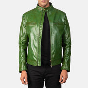 Men's Gatsby Quilted Green Leather Biker Jacket in Green Sheepskin Burnishing - Front Profile View &amp; Tailored Silhouette | Buy Online