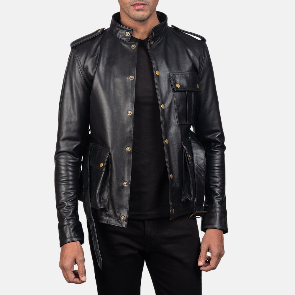 Germain Black Leather Jacket - Lateral Side Profile View Showing Sleeve Cut &amp; Athletic Taper Fit