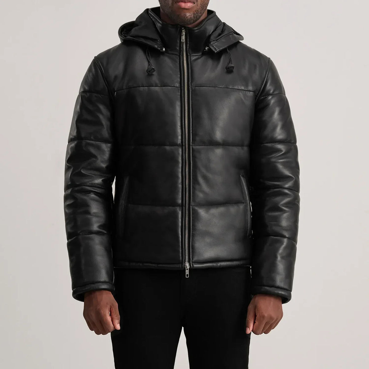 
Nærmynd of High neck & Zipper Hardware on Gordon Tan Hooded Leather Puffer Jacket