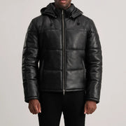 
Nærmynd of High neck & Zipper Hardware on Gordon Tan Hooded Leather Puffer Jacket