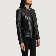 Women's Haley Ray Black Leather Biker Jacket - Lateral Side Profile View Showing Sleeve Cut &amp; Athletic Taper Fit