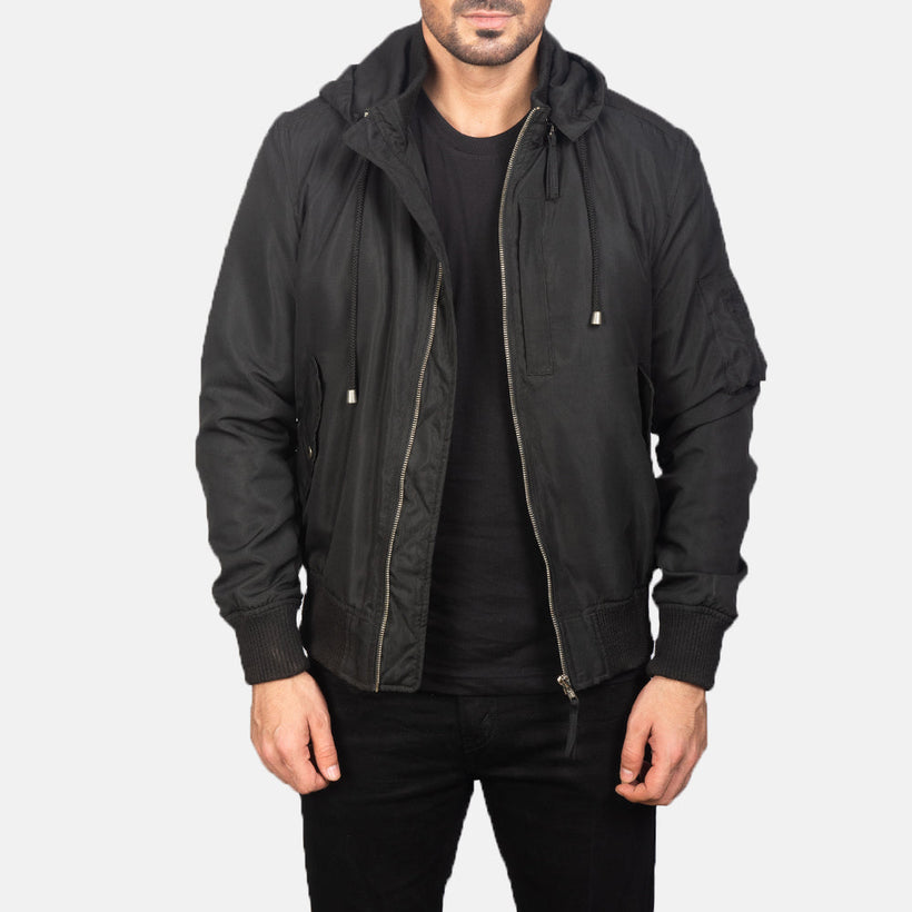 Hanklin MA-1 Svartur Hooded Bomber jakki úr leðri fyrir karla