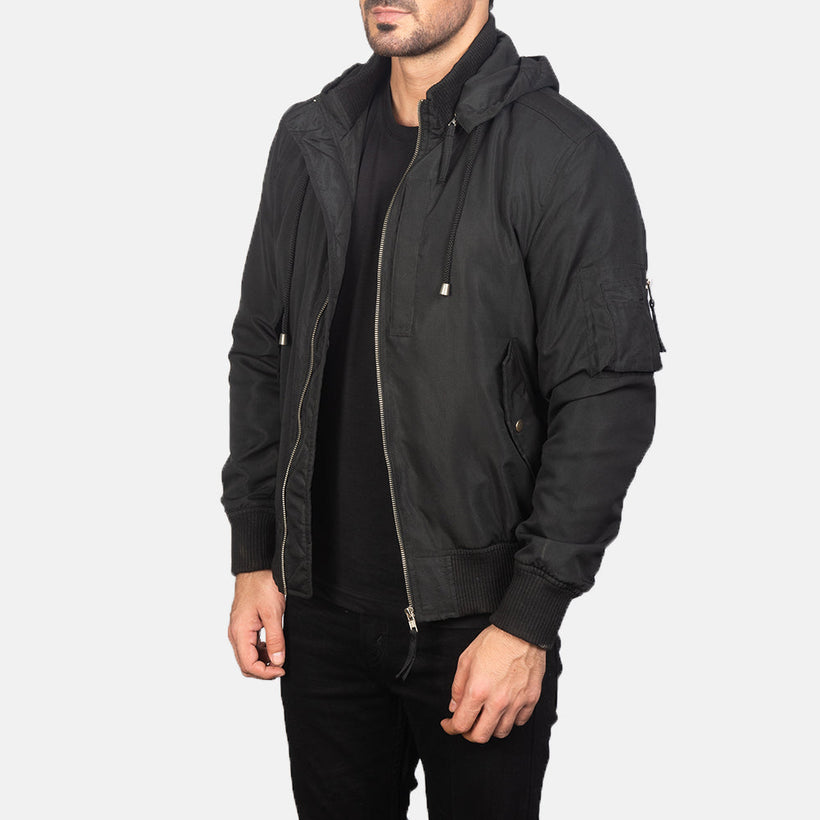 Hanklin MA-1 Svartur Hooded Bomber jakki úr leðri fyrir karla