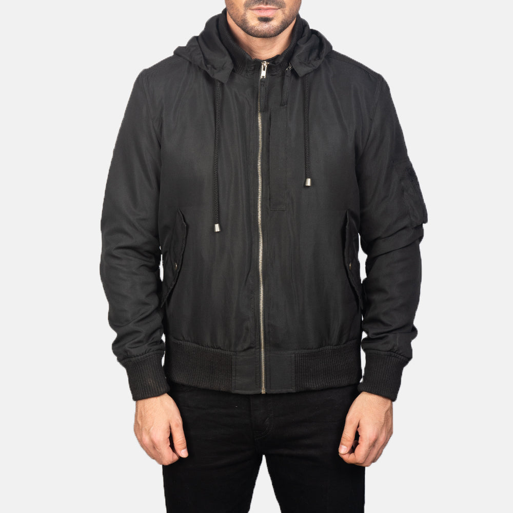 
Nærmynd of Knit Rib with Removable Polyester Hood & Zipper Hardware on Hanklin Ma-1 Black Hooded Bomber Jacket