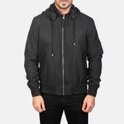 
Nærmynd of Knit Rib with Removable Polyester Hood & Zipper Hardware on Hanklin Ma-1 Black Hooded Bomber Jacket