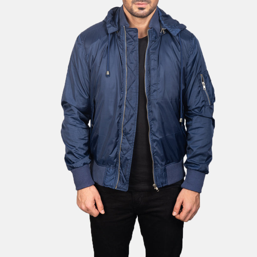 Hanklin MA-1 Blue Hooded Bomber jakki úr leðri fyrir karla