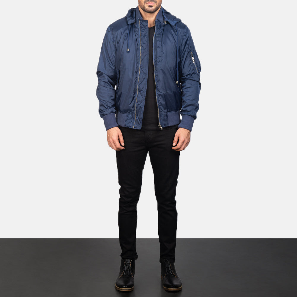 
Blue Hooded Bomber Jacket - Hliðarsýn með vinnuvistfræðilegu ermasniði