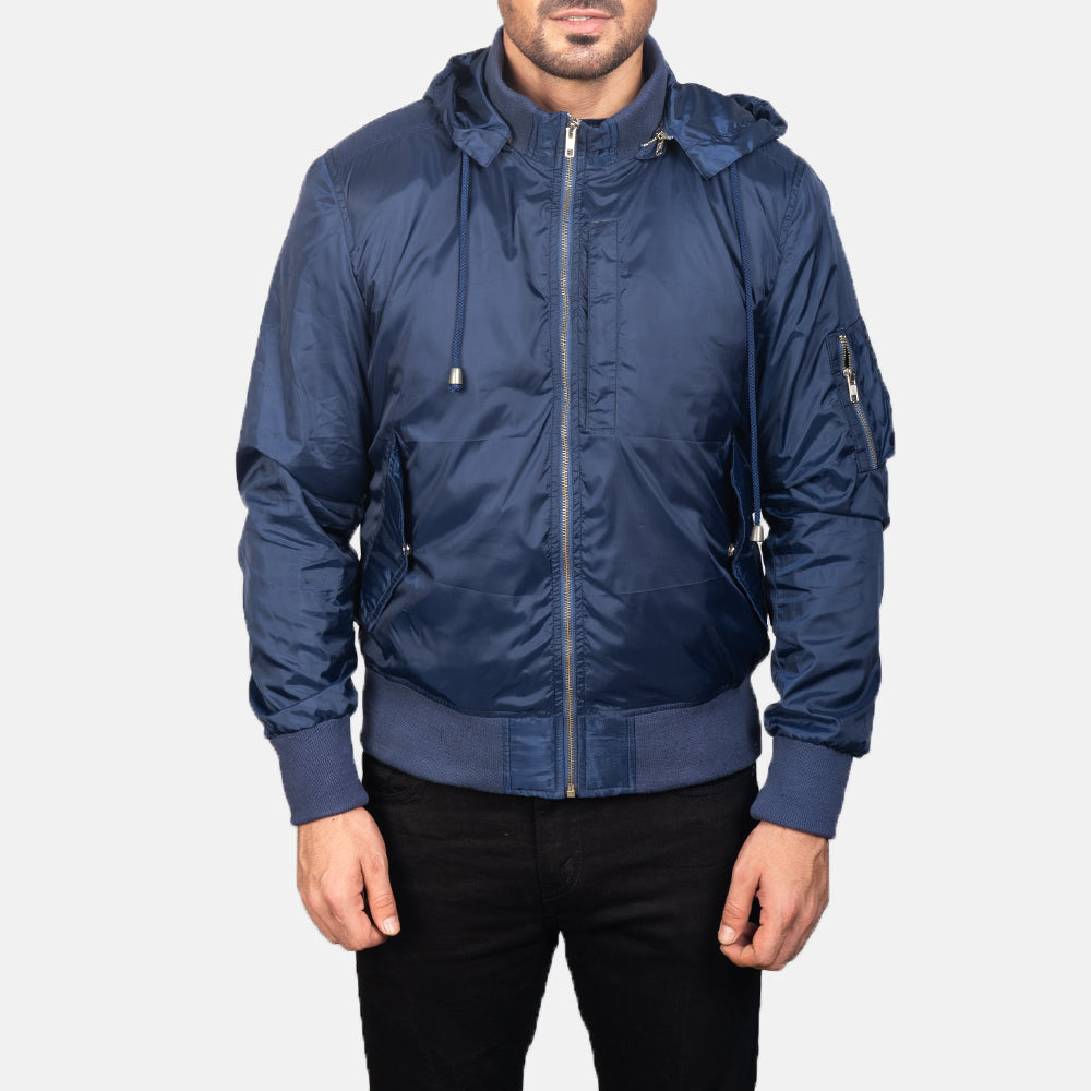 
Nærmynd of Knit Rib with Removable Nylon Hood & Zipper Hardware on Blue Hooded Bomber Jacket