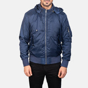 
Nærmynd of Knit Rib with Removable Nylon Hood & Zipper Hardware on Blue Hooded Bomber Jacket