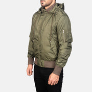 
Green Nylon Bomber Jacket - Að aftan með nákvæmri axlasniði og hreinum fald
