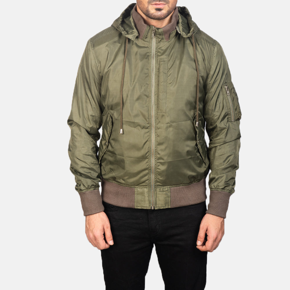 
Nærmynd of Knit Rib with Removable Nylon Hood & Zipper Hardware on Hanklin Ma-1 Green Hooded Bomber Jacket