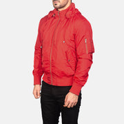 
Red Nylon Bomber Jacket - Að aftan með nákvæmri axlasniði og hreinum fald
