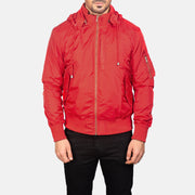 
Nærmynd of Knit Rib with Removable Nylon Hood & Zipper Hardware on Hanklin Ma-1 Red Hooded Bomber Jacket