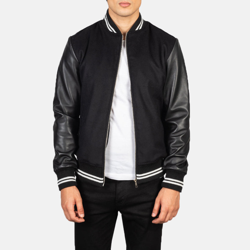 Harrison Svartur Hybrid Varsity Leðurjakki fyrir karla