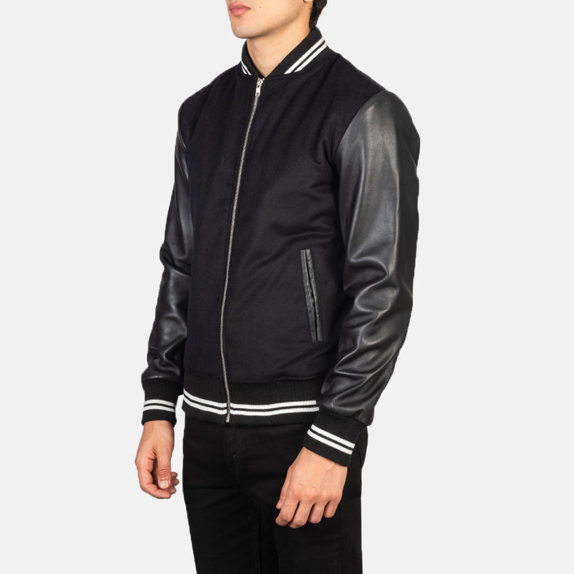 Harrison Svartur Hybrid Varsity Leðurjakki fyrir karla