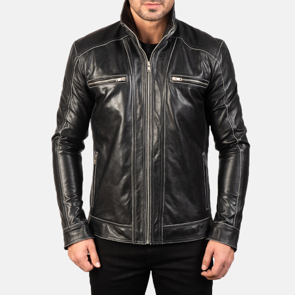 
Nærmynd of High neck Band & Zipper Hardware on Hudson Black Leather Biker Jacket