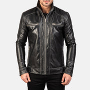 
Nærmynd of High neck Band & Zipper Hardware on Hudson Black Leather Biker Jacket