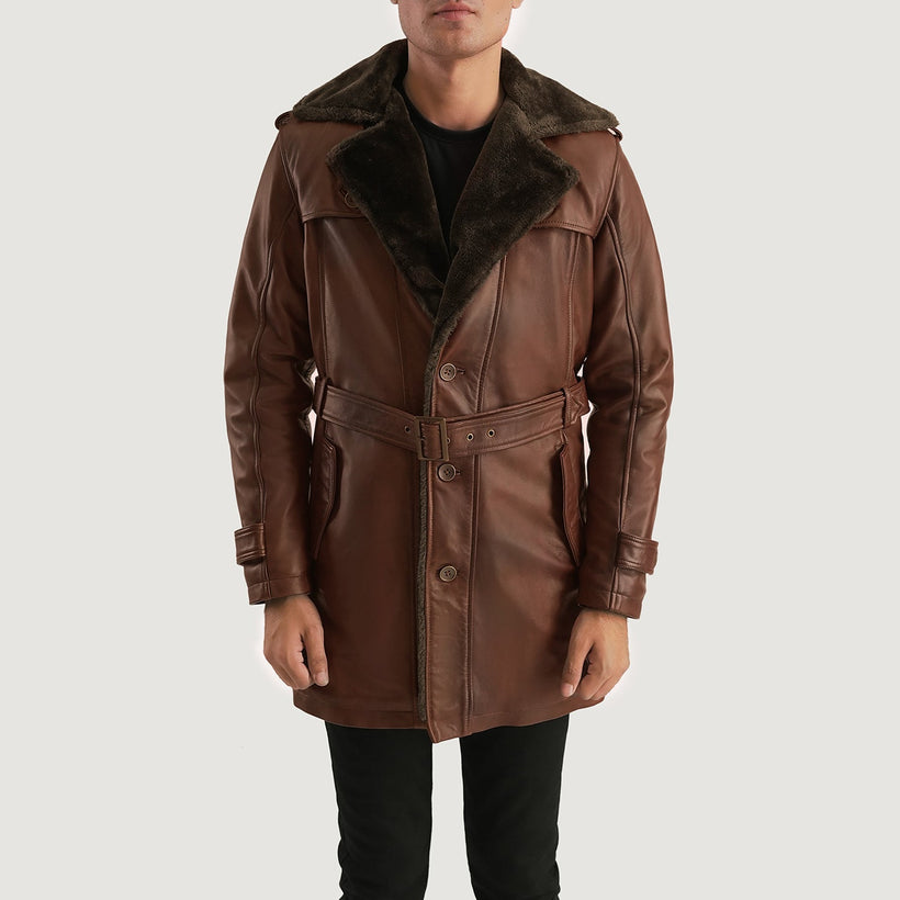 Hunter Distressed Brúnn Fur Leather Coat fyrir karla