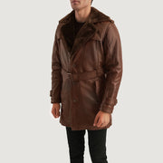 
Distressed Brown Sheepskin Burnishing Winter Jacket - Að aftan með nákvæmri axlasniði og hreinum fald