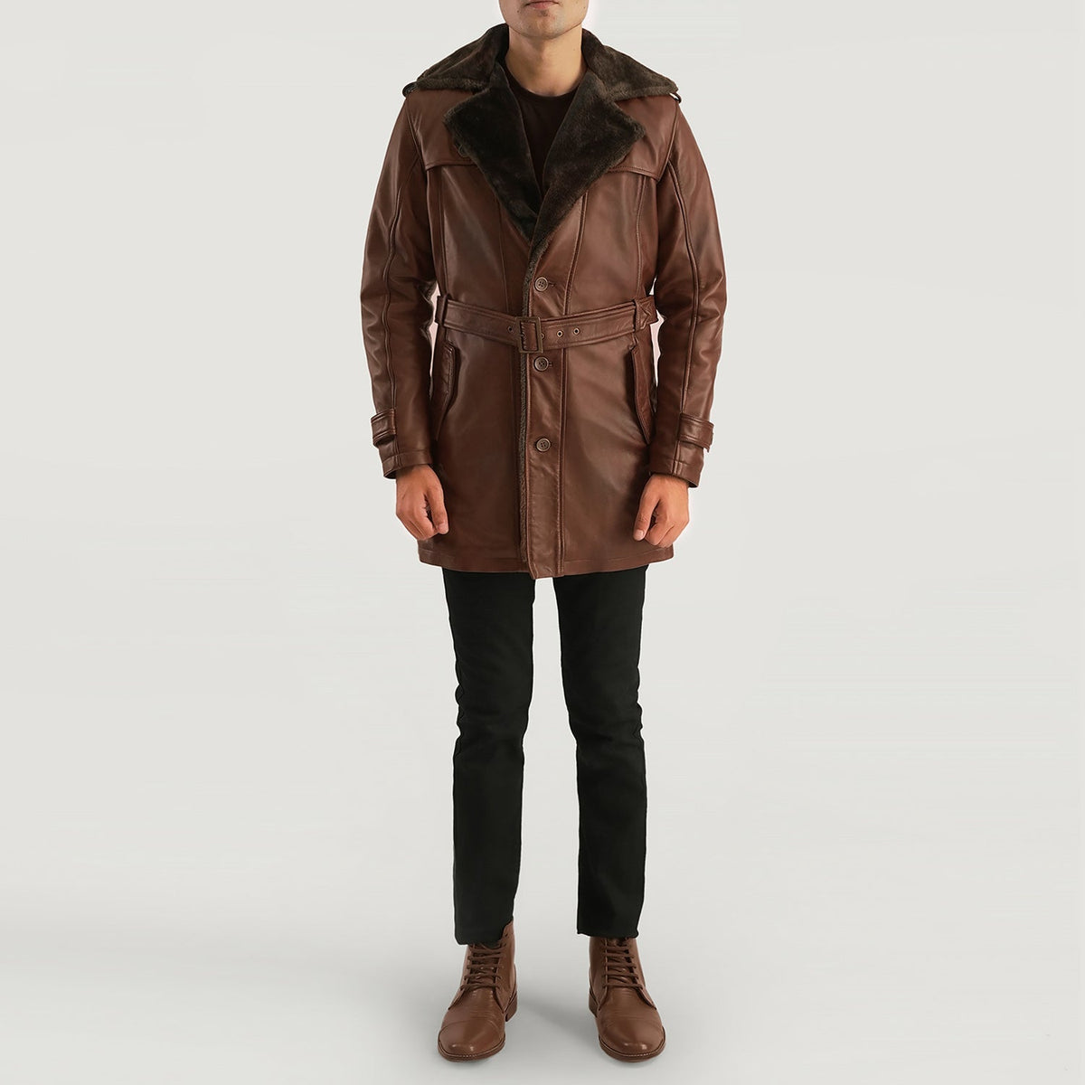 
Nærmynd of Notch & Button Hardware on Hunter Distressed Brúnn Fur Leðursíðkápa fyrir Karla