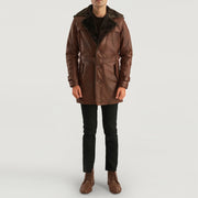
Nærmynd of Notch & Button Hardware on Hunter Distressed Brúnn Fur Leðursíðkápa fyrir Karla