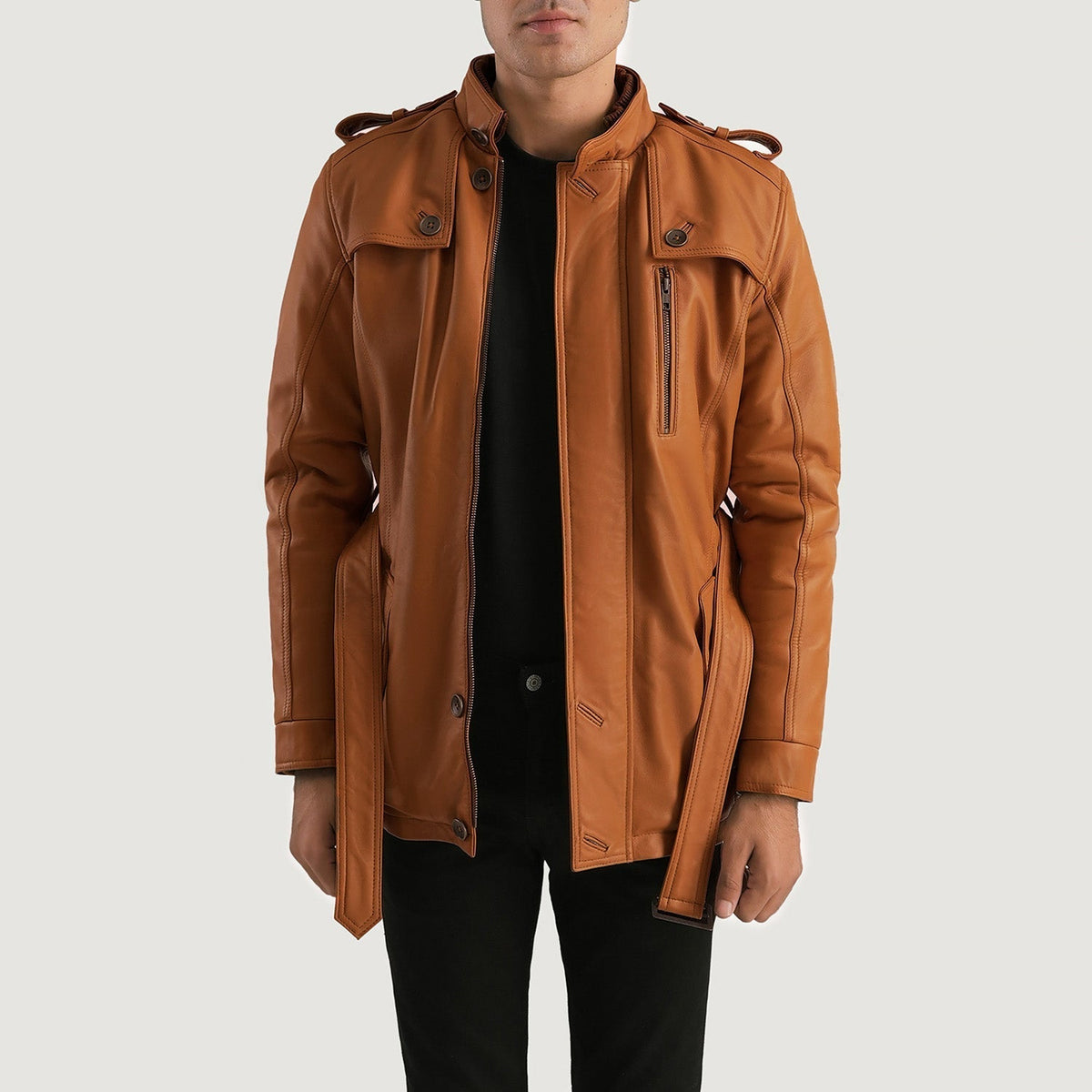 
Hunter Ljósbrúnn Brúnn Fur Leðurjakki fyrir Karla in Tan Brown Sheepskin Leather - Að framan með sniðinni hönnun | Kaupa á netinu
