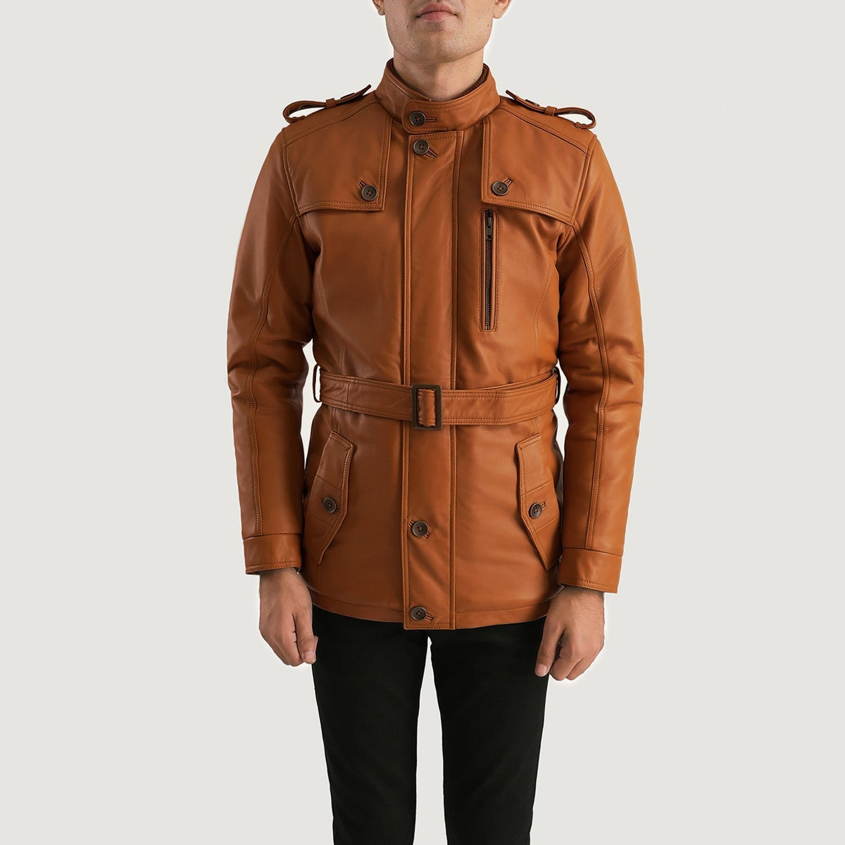 
Nærmynd of Band (Buttoned) & Zipper with Button Flap Hardware on Hunter Ljósbrúnn Brúnn Fur Leðurjakki fyrir Karla