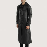 
Black. Cowhide Leather Trench Coat - Að aftan með nákvæmri axlasniði og hreinum fald