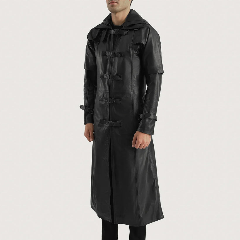 Huntsman Svartur Hooded Leðurfrakki fyrir Karla