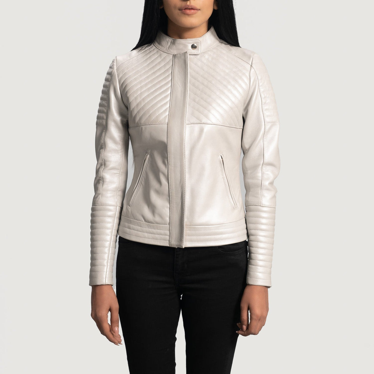 Women's Ice Maiden Silver Quilted Leather Biker Jacket in Silver Sheepskin Leather - Front Profile View &amp; Tailored Silhouette | Buy Online