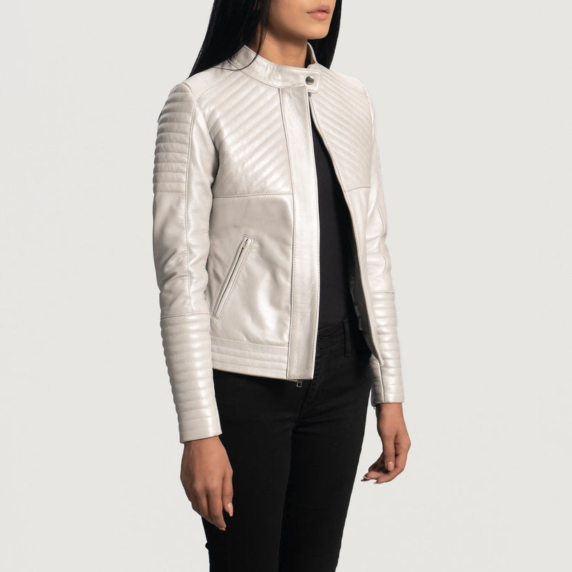 Ice Maiden Silver Quilted Mótorhjólajakki úr leðri fyrir konur
