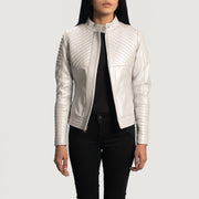 Women's Ice Maiden Silver Quilted Leather Biker Jacket - Lateral Side Profile View Showing Sleeve Cut &amp; Athletic Taper Fit