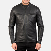 Close-Up Detail of Band & Zipper Hardware on Men's Ionic Black Leather Jacket