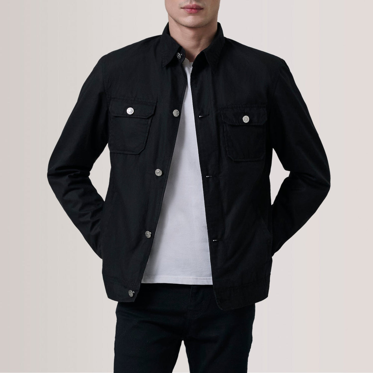 Irwin Black Waxed Canvas Field Jacket For Men in Black Waxed Cotton Canvas - Front Profile View &amp; Tailored Silhouette | Buy Online
