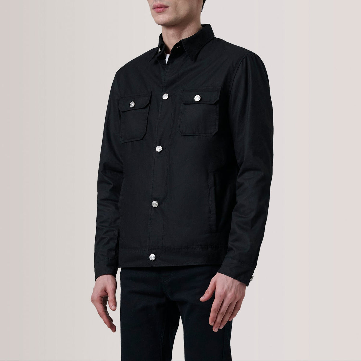 Irwin Black Waxed Canvas Field Jacket For Men - Lateral Side Profile View Showing Sleeve Cut &amp; Athletic Taper Fit