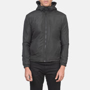 
Nærmynd of High Neck with Hood & Zipper with wind flap Hardware on Jimmy Svartur Hooded Windbreaker Leðurjakki fyrir Karla