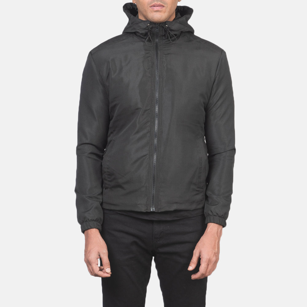 Nærmynd of High Neck with Hood & Zipper with wind flap Hardware on Jimmy Black Hooded Windbreaker Jacket